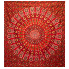 Dubbele Katoenen Sprei + Wandkleed - Pauwen Mandala - Rood