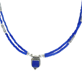 Nepalese Extra Fijne Dubbele Lijn Ketting - Blauwe Onyx & Lapis Hanger